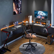L Shaped Gaming Desk, 66 Inch Gaming Table with Carbon Fiber Texture, Corner Gaming Desk with Monitor Shelf, Cup Holder & Headphone Hook, PC Computer Desk for Gamer, Black