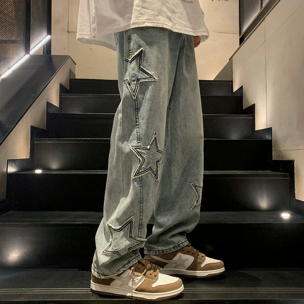 Jeans, Men's ClothingStar Embroidery Straight Casual Men Jeans Gothic Neutral New Wide Leg Loose Hip-Hop Fashion Youth Streetwear Denim Trousers Y2K - Premium  from Nobles Store - Just $45! Shop now at Nobles Store