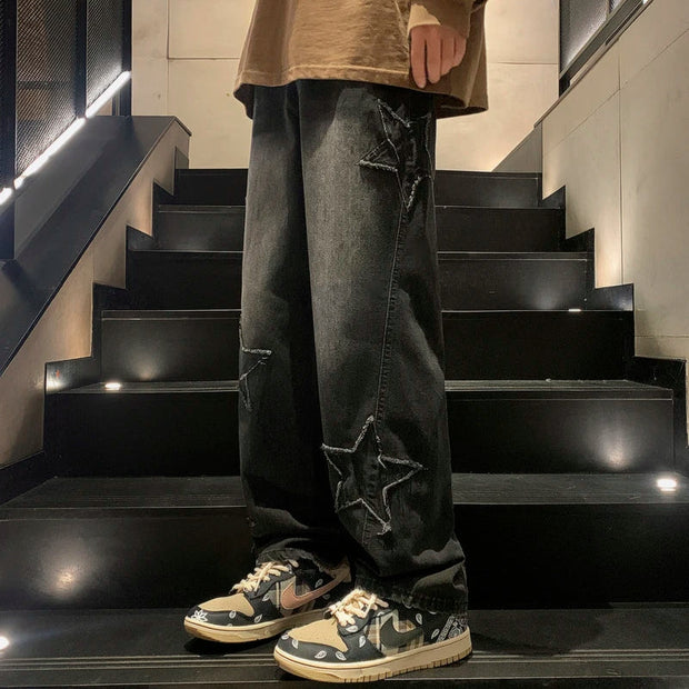 Jeans, Men's ClothingStar Embroidery Straight Casual Men Jeans Gothic Neutral New Wide Leg Loose Hip-Hop Fashion Youth Streetwear Denim Trousers Y2K - Premium  from Nobles Store - Just $45! Shop now at Nobles Store