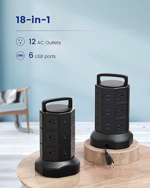 Accessories & Supplies, Electronics, Power Strips, Power Strips & Surge ProtectorsPower Strip Tower Surge Protector,  1625W 13A Outlet Surge Electric Tower, 12 Outlets 6 USB Ports Charging Station with 16AWG 6.5Ft Heavy Duty Extension Cord for Home Office Dorm Black - Premium  from Nobles Store - Just $61.21! Shop now at Nobles Store