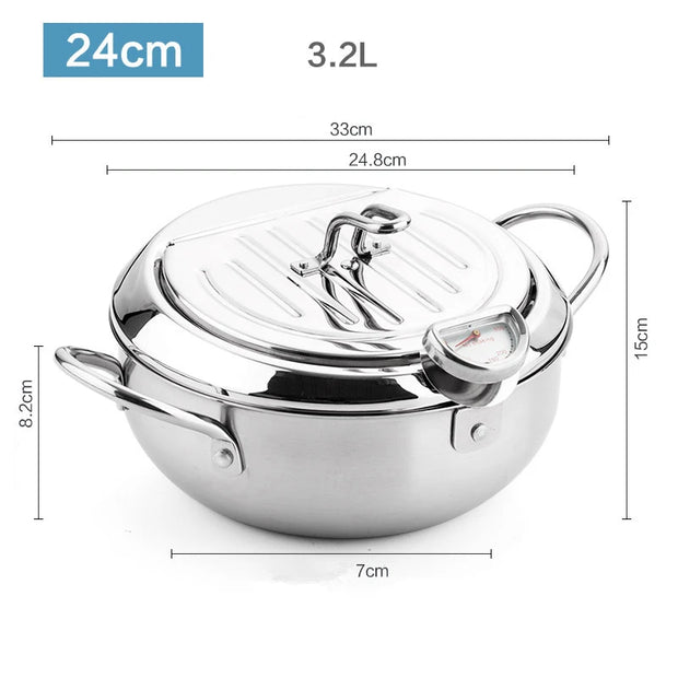 Cookware, Dining & Bar, Home & Garden, KitchenJapanese Deep Frying Pot with a Thermometer and a Lid 304 Stainless Steel Kitchen Tempura Fryer Pan 20 24 Cm KC0405 - Premium  from Nobles Store - Just $78.74! Shop now at Nobles Store