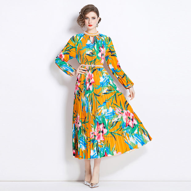 WomenBeaded Positioning Printed Pleated Pearl Buckle Pleated Dress - Premium 0 from Nobles Store - Just $38.01! Shop now at Nobles Store