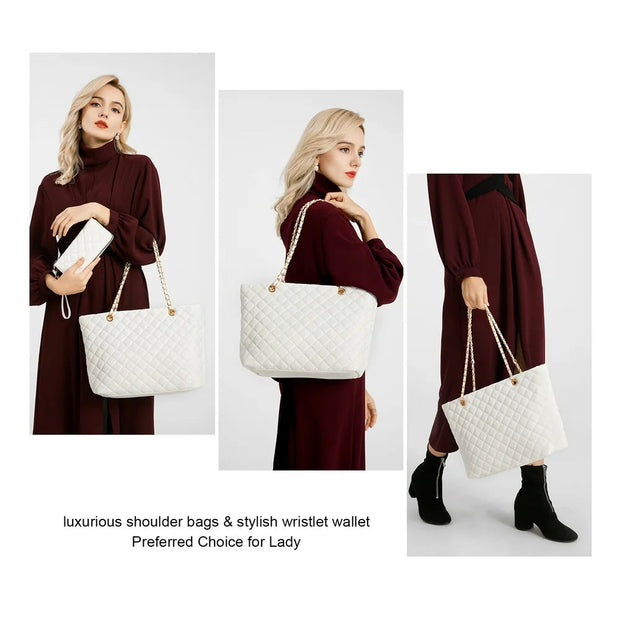 Bags & Accessories, Clothing, Women's Bags, Women's Bags & Accessories, Womens Tote BagsPoppy Quilted Women Handbags Purses Leather Tote Bag Satchel Wallet Set 2Pcs Chain Strap Shoulder Bag Classic - Premium  from Nobles Store - Just $64.19! Shop now at Nobles Store