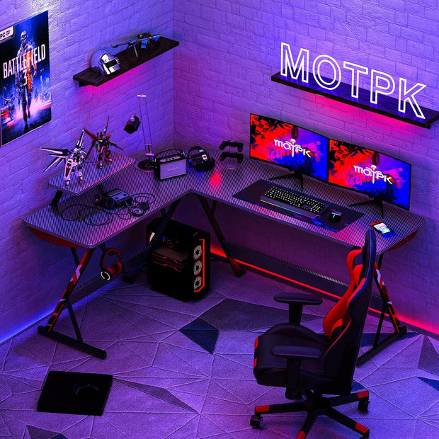 L Shaped Gaming Desk, 66 Inch Gaming Table with Carbon Fiber Texture, Corner Gaming Desk with Monitor Shelf, Cup Holder & Headphone Hook, PC Computer Desk for Gamer, Black