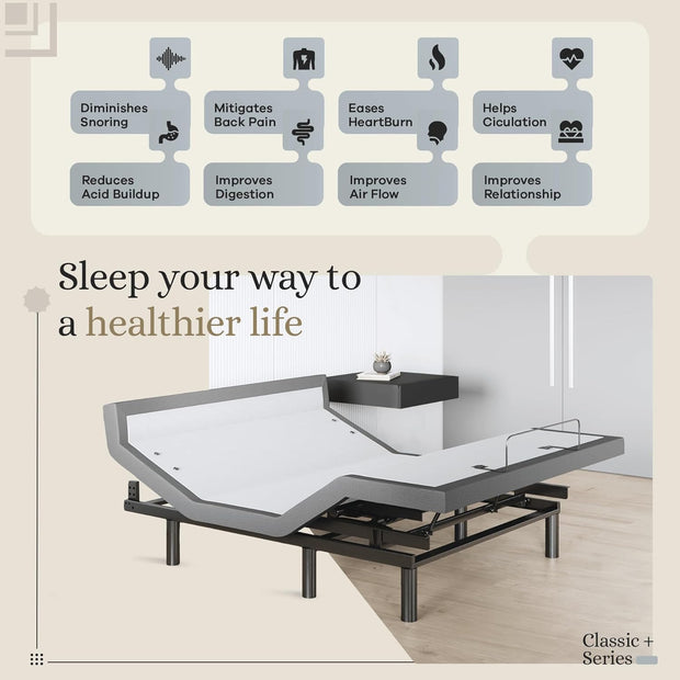 Harmony Adjustable Bed Base, Head and Foot Lift, Massage, Under-Bed Lights, USB, Gel Memory, Zero Gravity Smart Frame - Queen